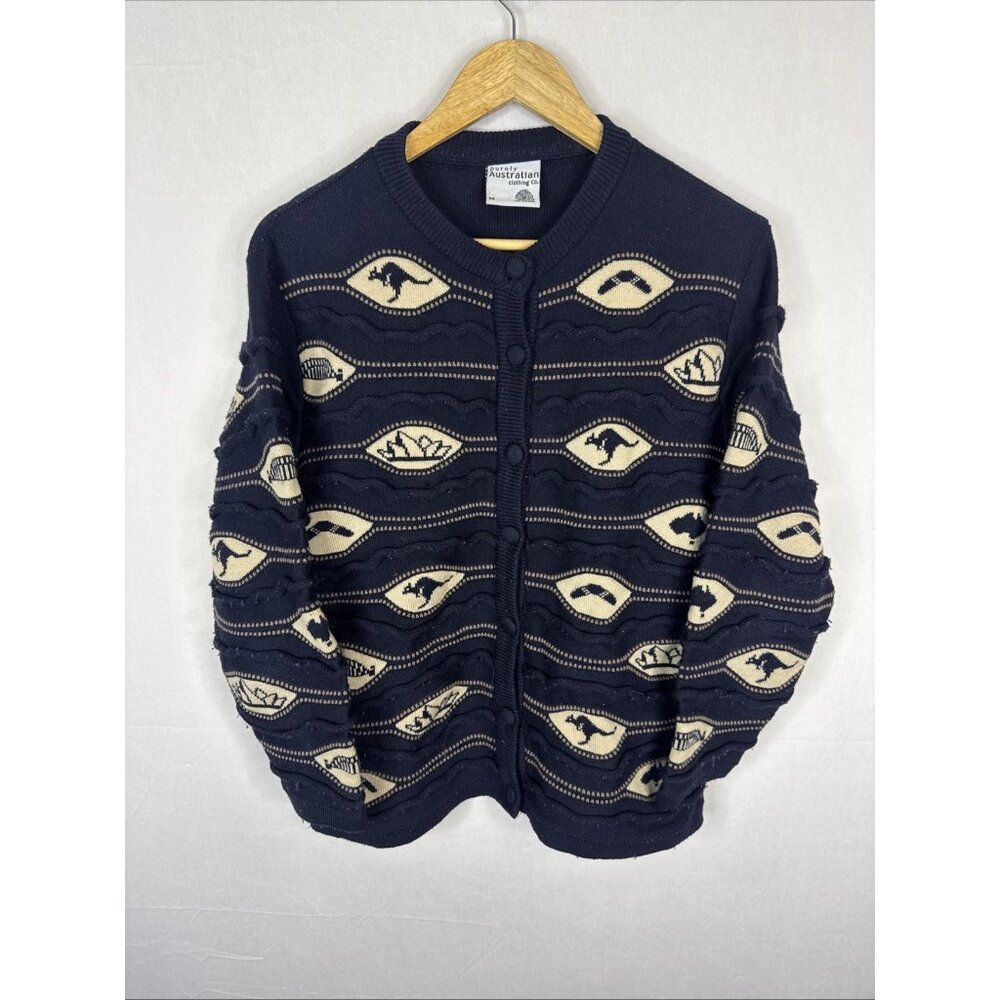 Purely Australian Women XS 100% Merino Wool Cardigan Kangaroo Pattern Australia